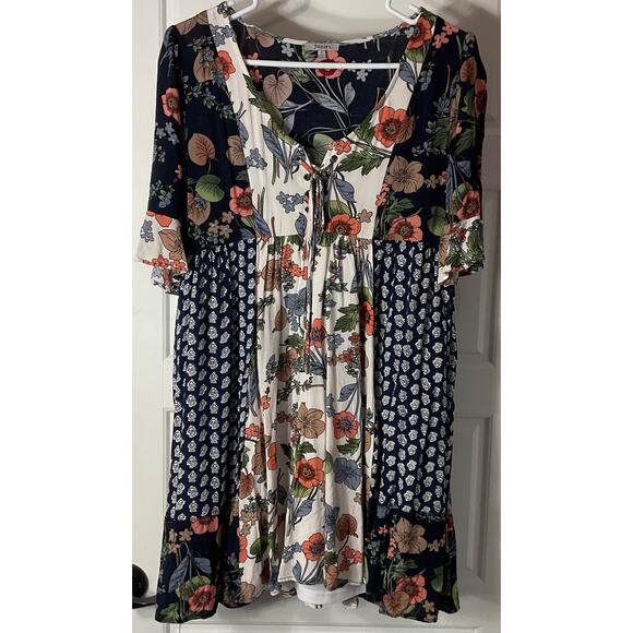 JODIFL Dresses & Skirts - Jodufl Patchwork Floral Print Babydoll Boho Tie Closure Lined Flowy Dress S
